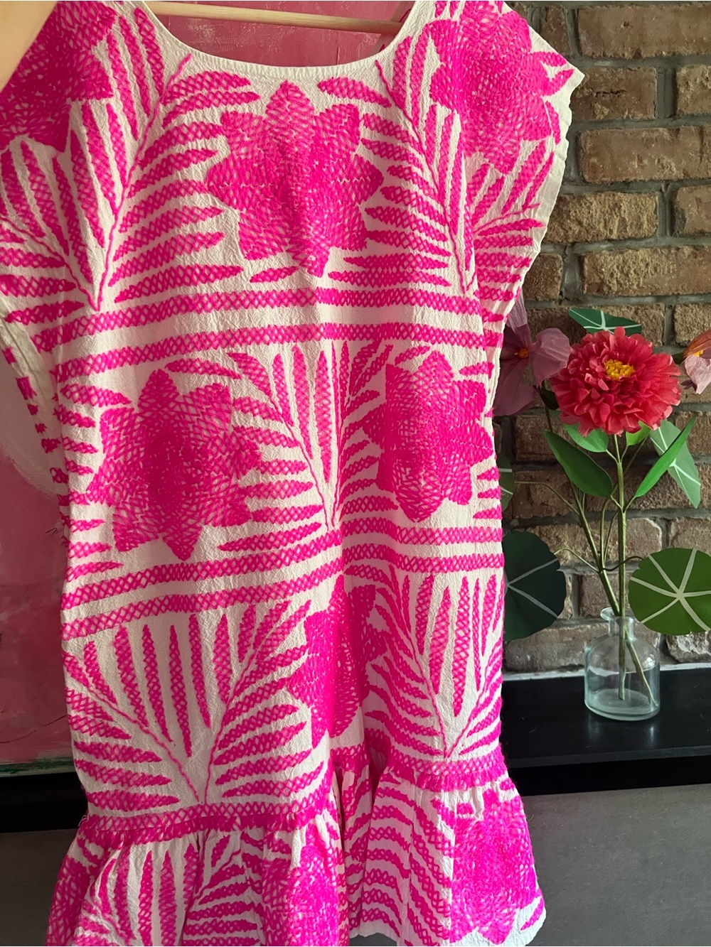 Pink and White Floral Embroidered Folk Art Dress handmade